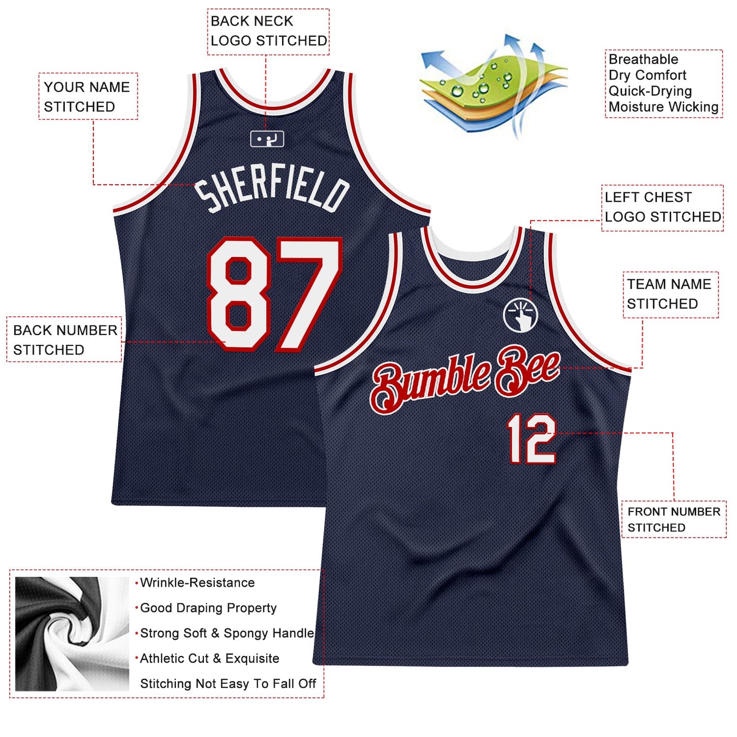 Custom Navy White-Red Authentic Throwback Basketball Jersey view 2