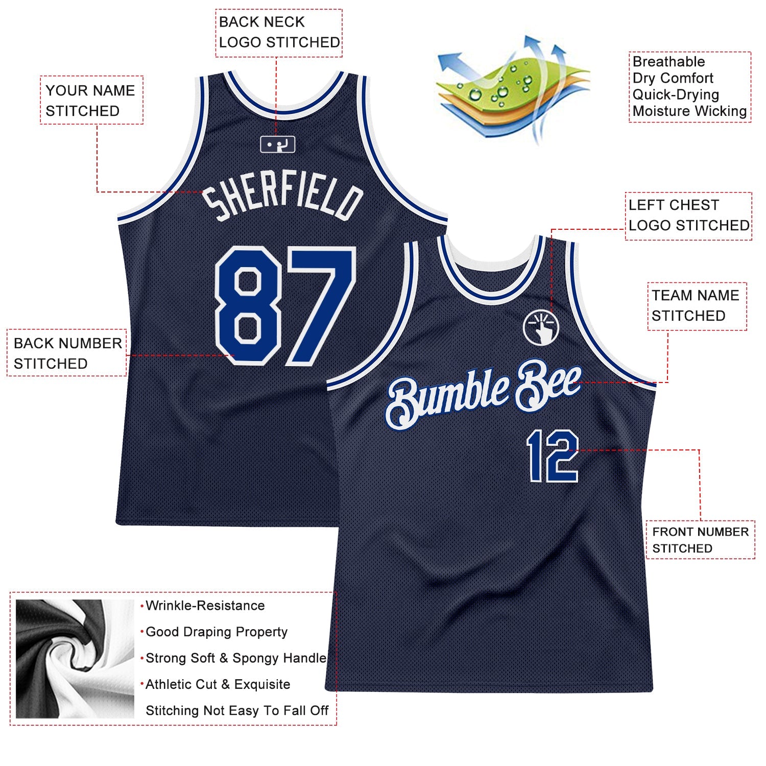 Custom Navy Royal-White Authentic Throwback Basketball Jersey view 2