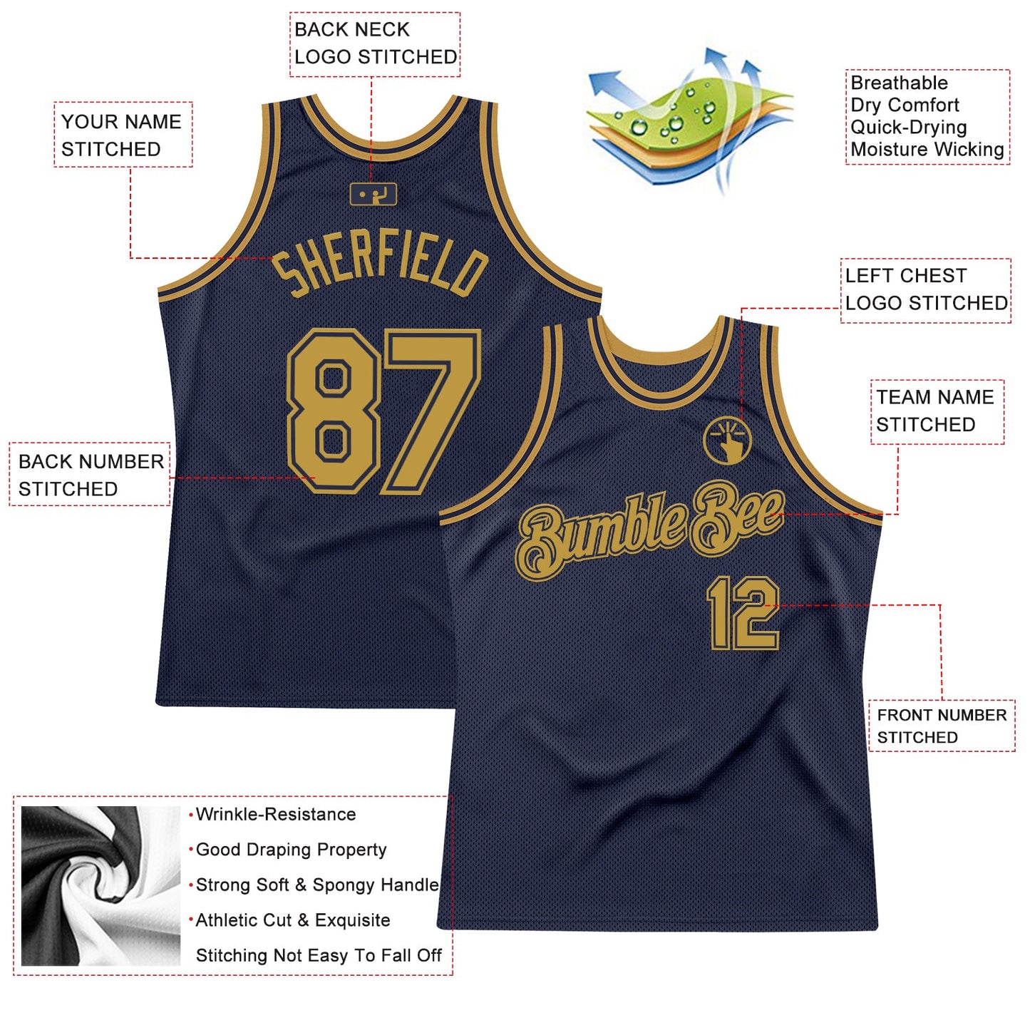 Custom Navy Old Gold Authentic Throwback Basketball Jersey view 2