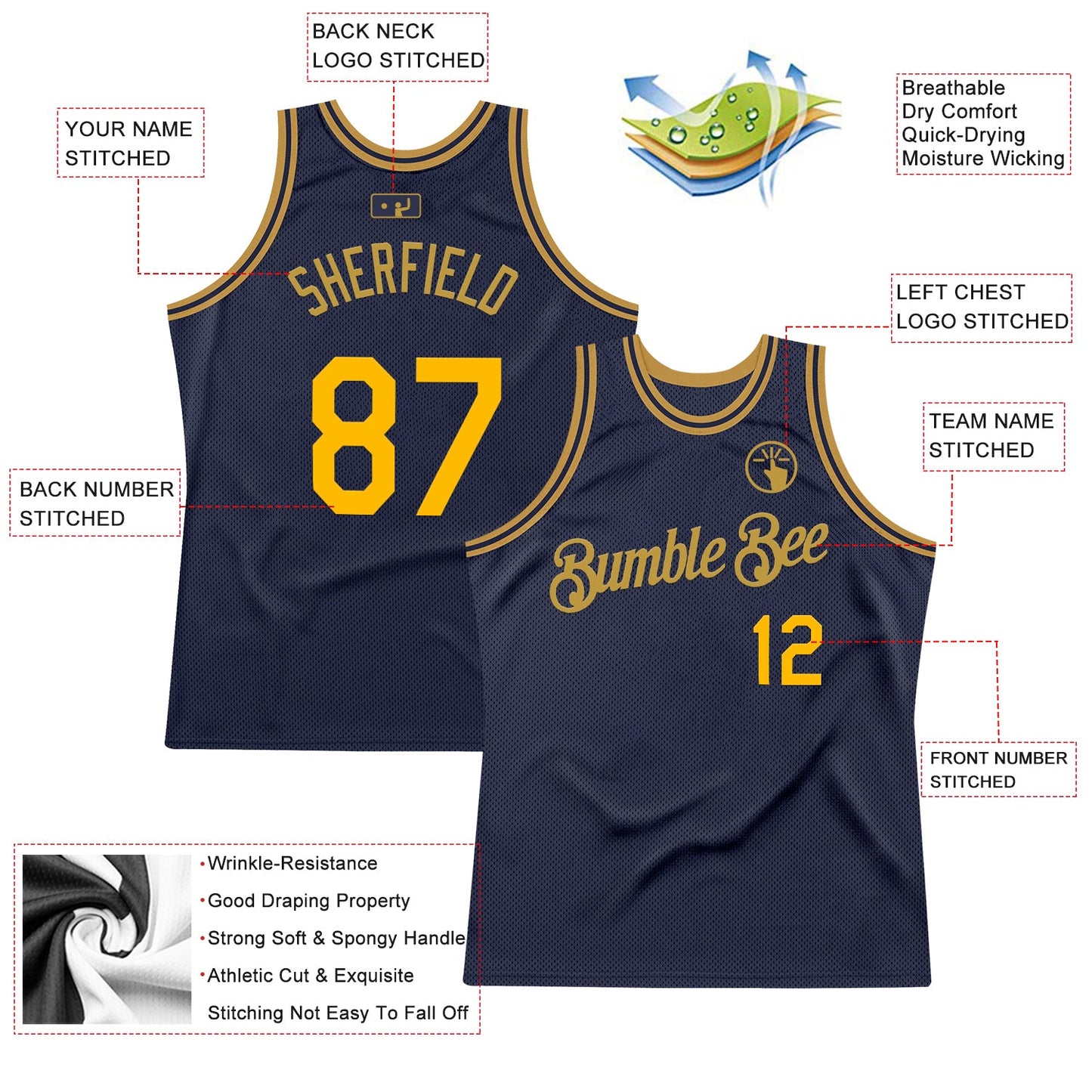 Custom Navy Gold-Old Gold Authentic Throwback Basketball Jersey view 2