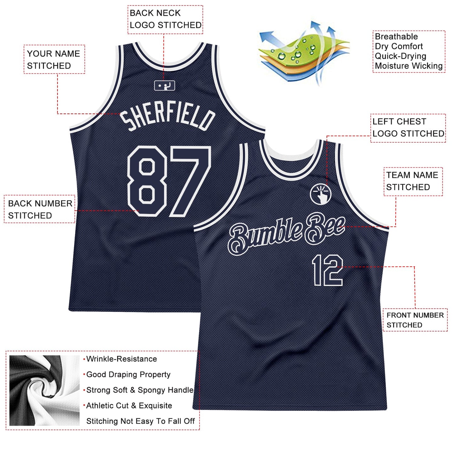 Custom Navy White Authentic Throwback Basketball Jersey view 2