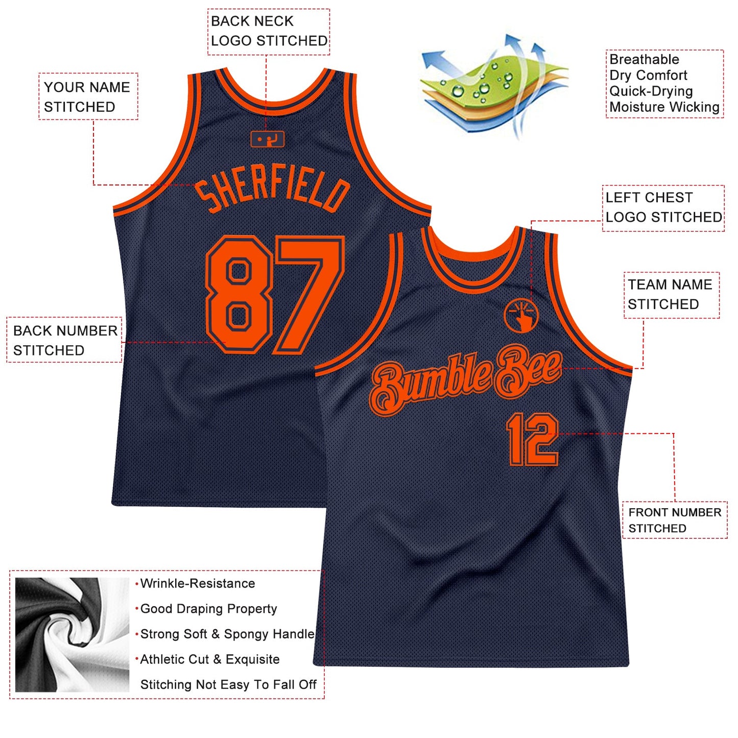 Custom Navy Orange Authentic Throwback Basketball Jersey view 2