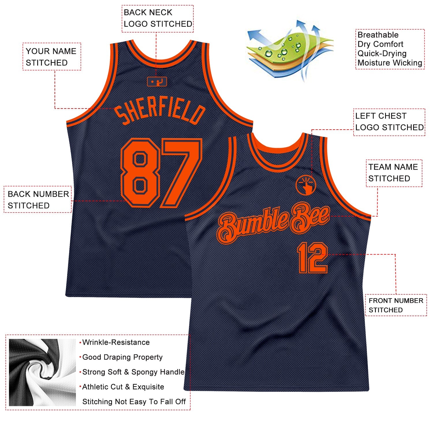 Custom Navy Orange Authentic Throwback Basketball Jersey view 2