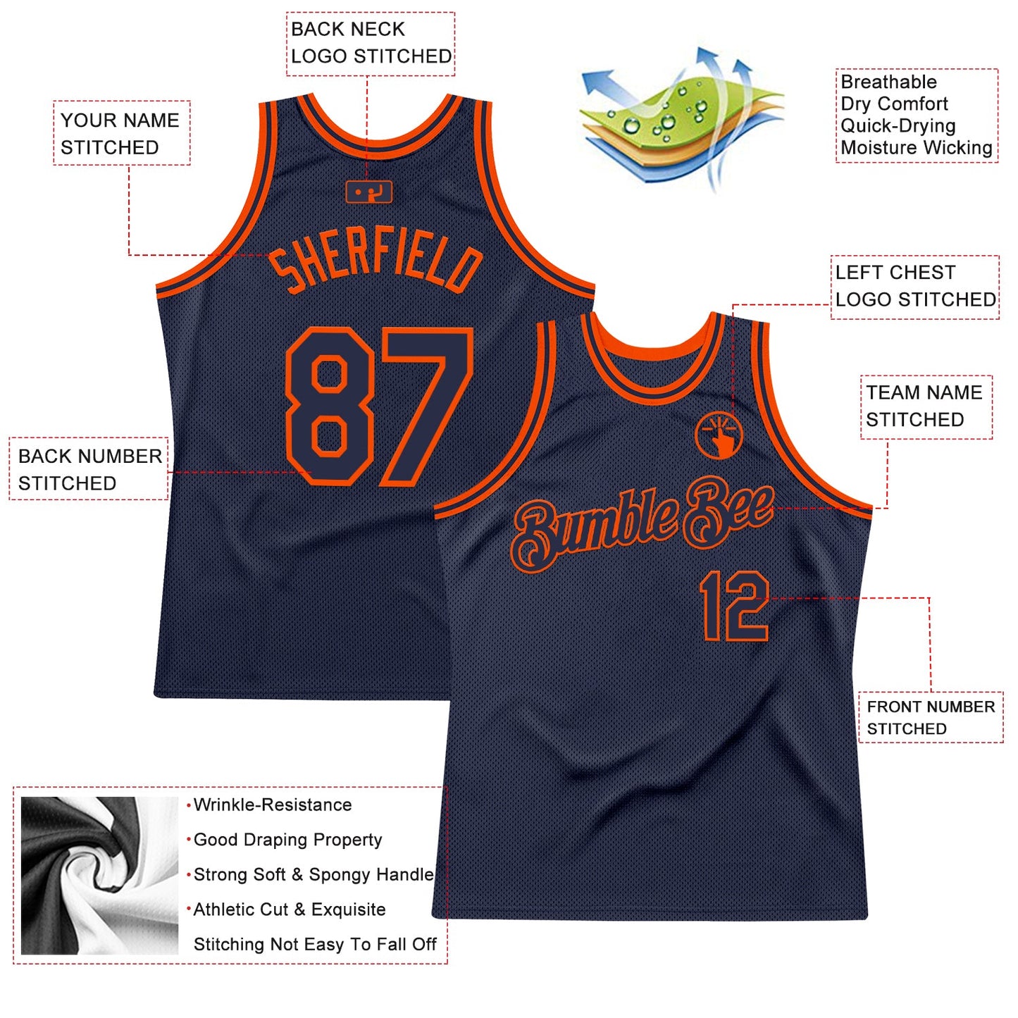 Custom Navy Orange Authentic Throwback Basketball Jersey view 2