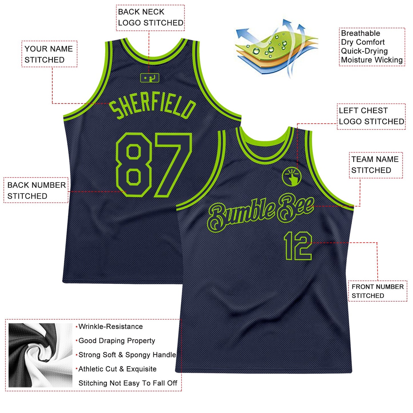 Custom Navy Neon Green Authentic Throwback Basketball Jersey view 2
