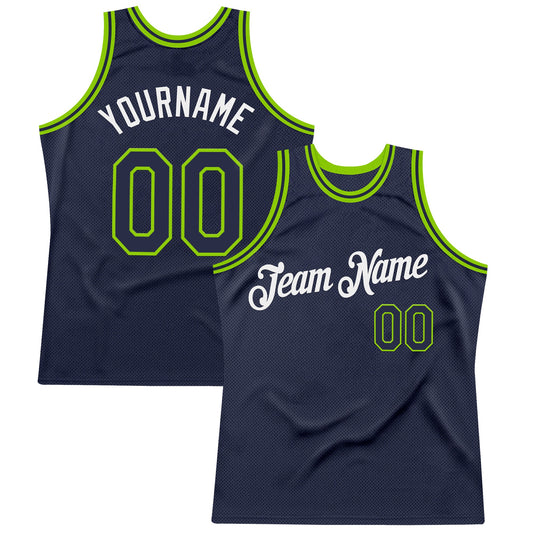 Custom Navy Neon Green-White Authentic Throwback Basketball Jersey - Main View