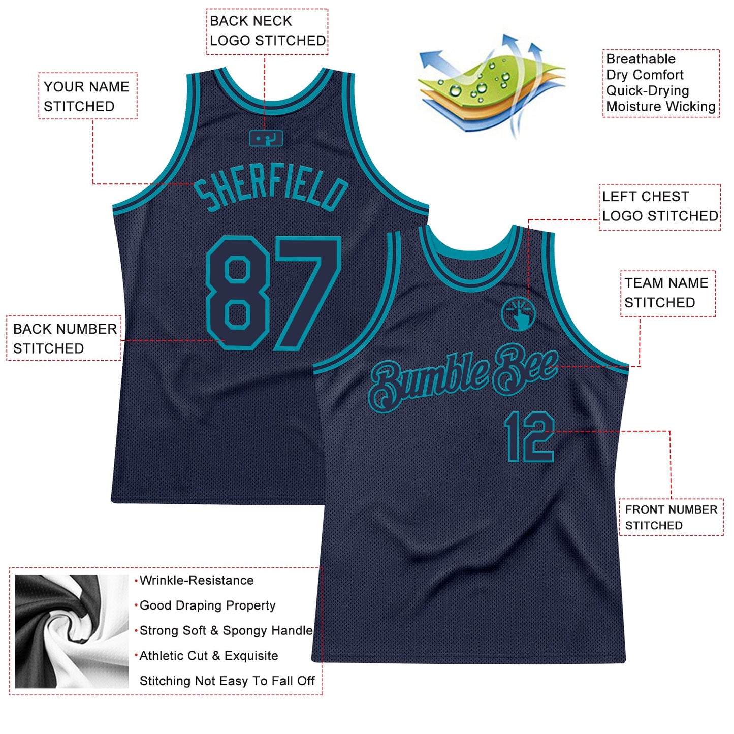 Custom Navy Teal Authentic Throwback Basketball Jersey view 2