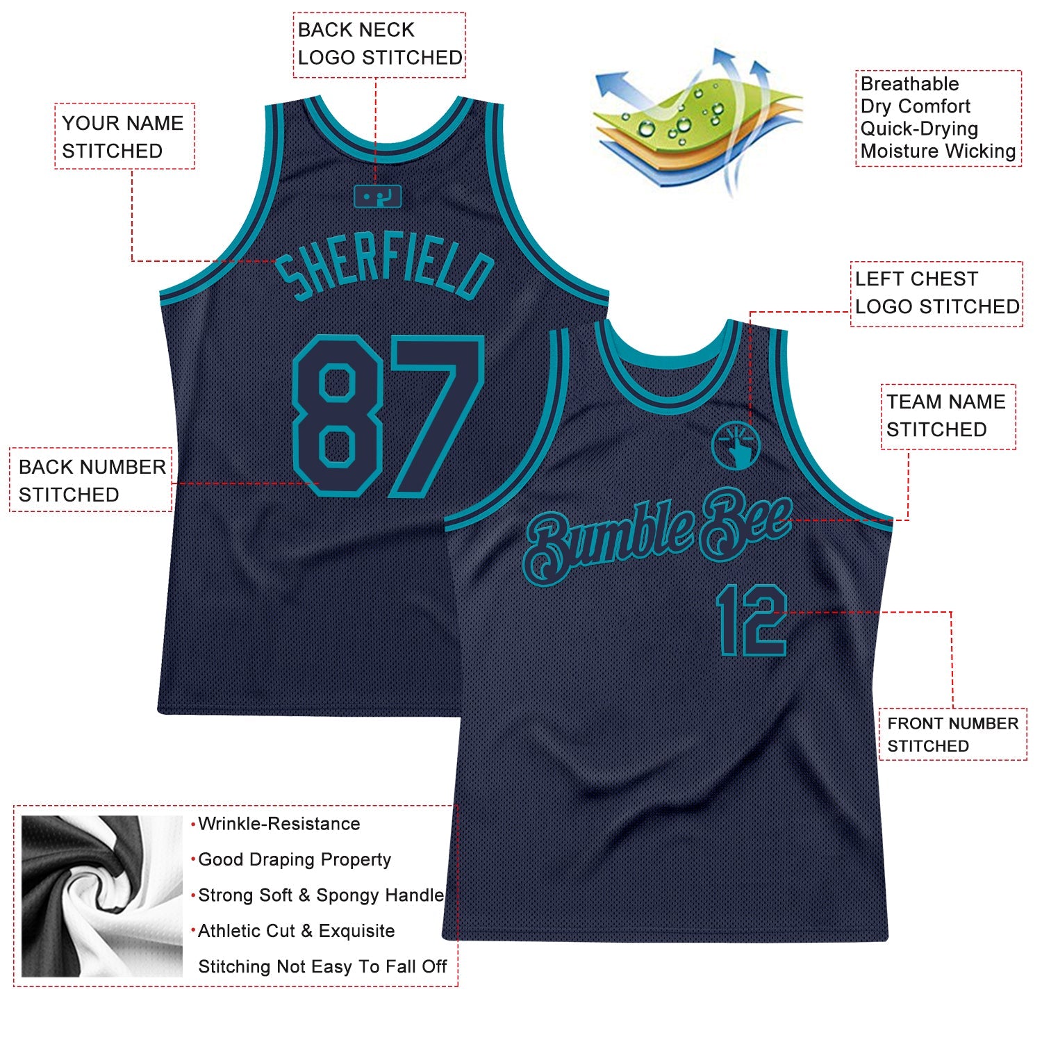 Custom Navy Teal Authentic Throwback Basketball Jersey view 2