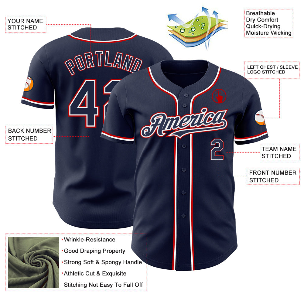Custom Navy White-Red Authentic Baseball Jersey view 3