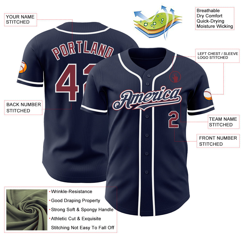 Custom Navy Burgundy-White Authentic Baseball Jersey view 3