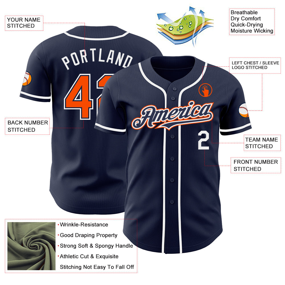 Custom Navy Orange-White Authentic Baseball Jersey view 3