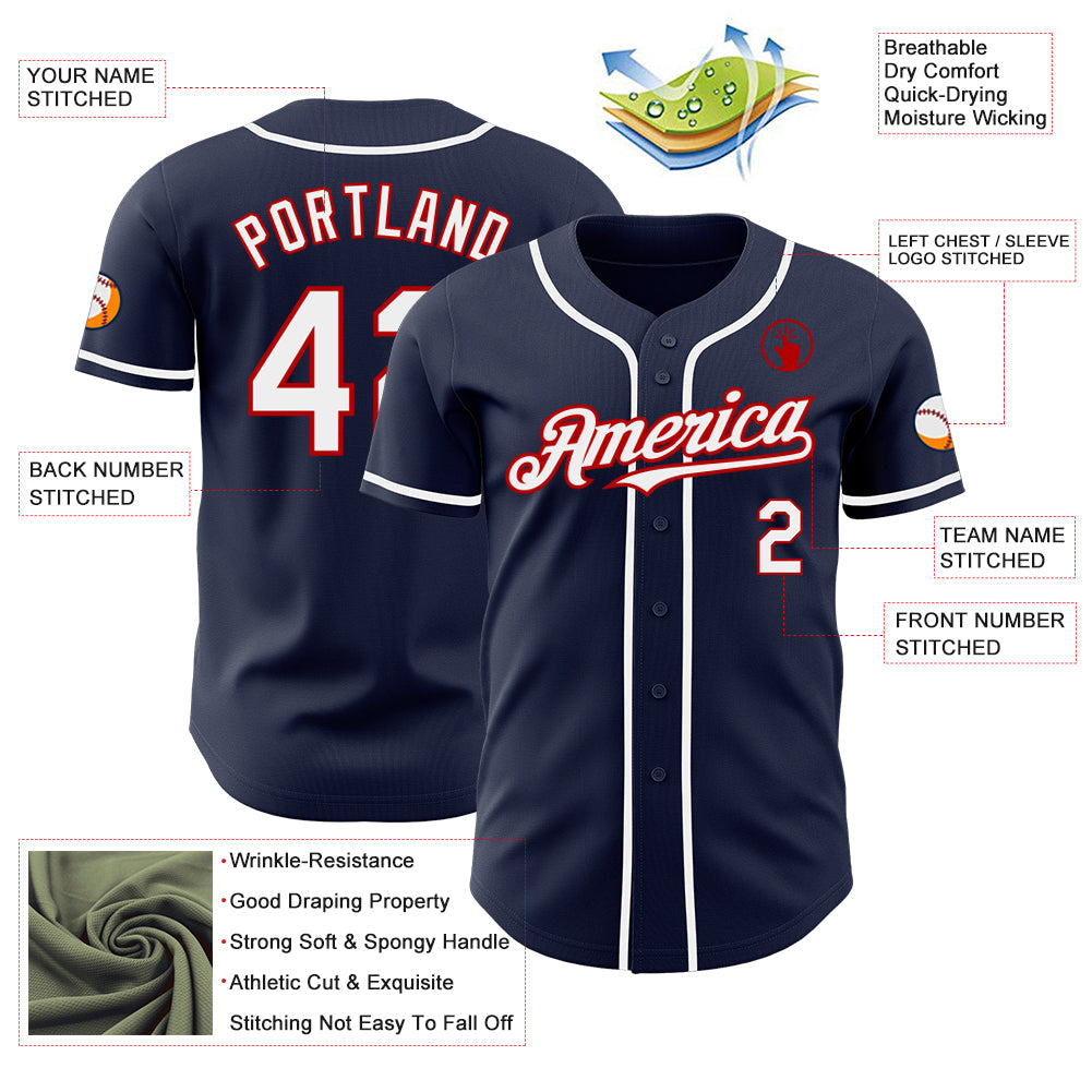 Custom Navy White-Red Authentic Baseball Jersey view 3