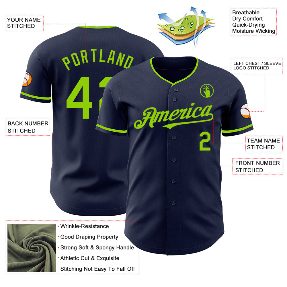 Custom Navy Neon Green Authentic Baseball Jersey view 3