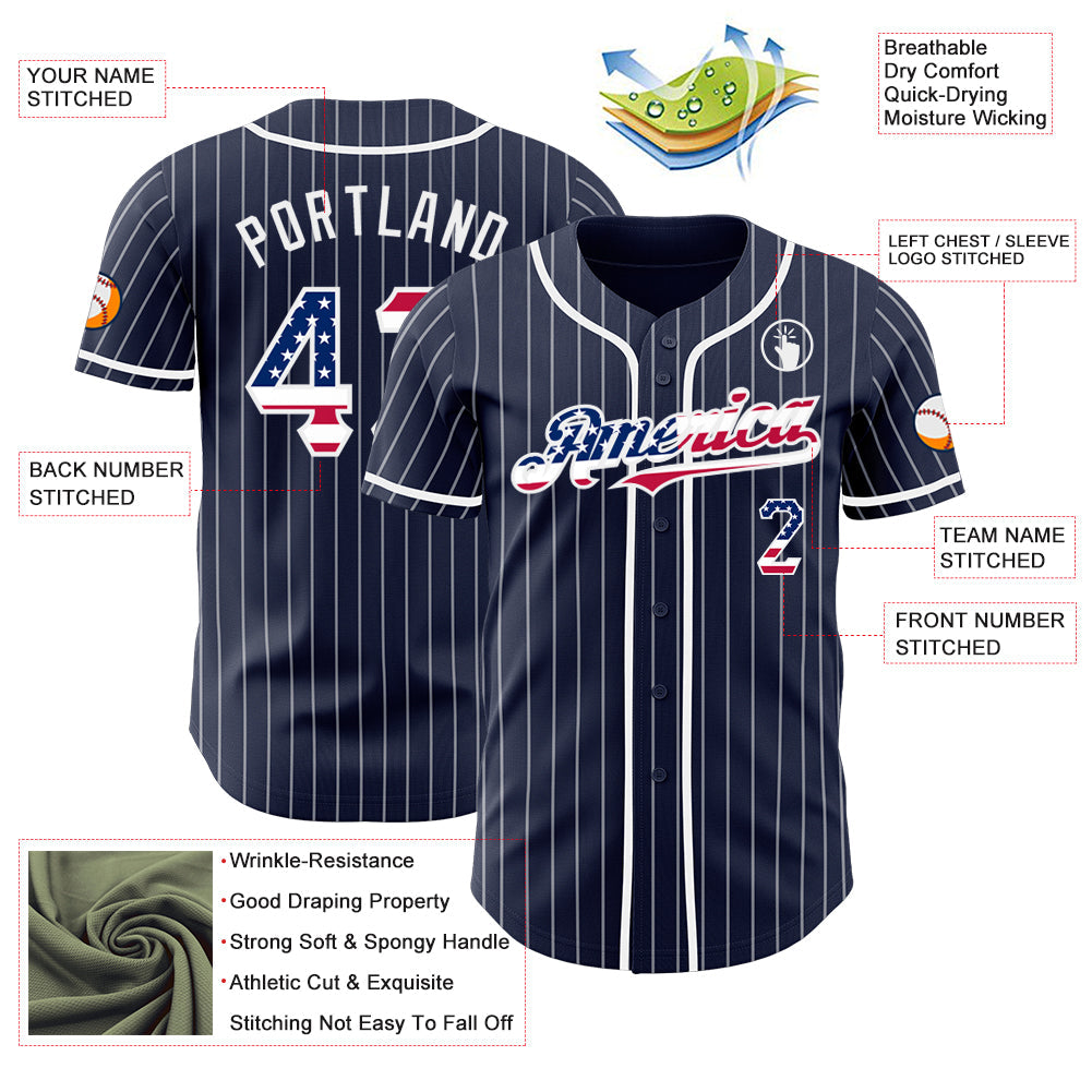Custom Navy White Pinstripe USA Flag Authentic Baseball Jersey view 3