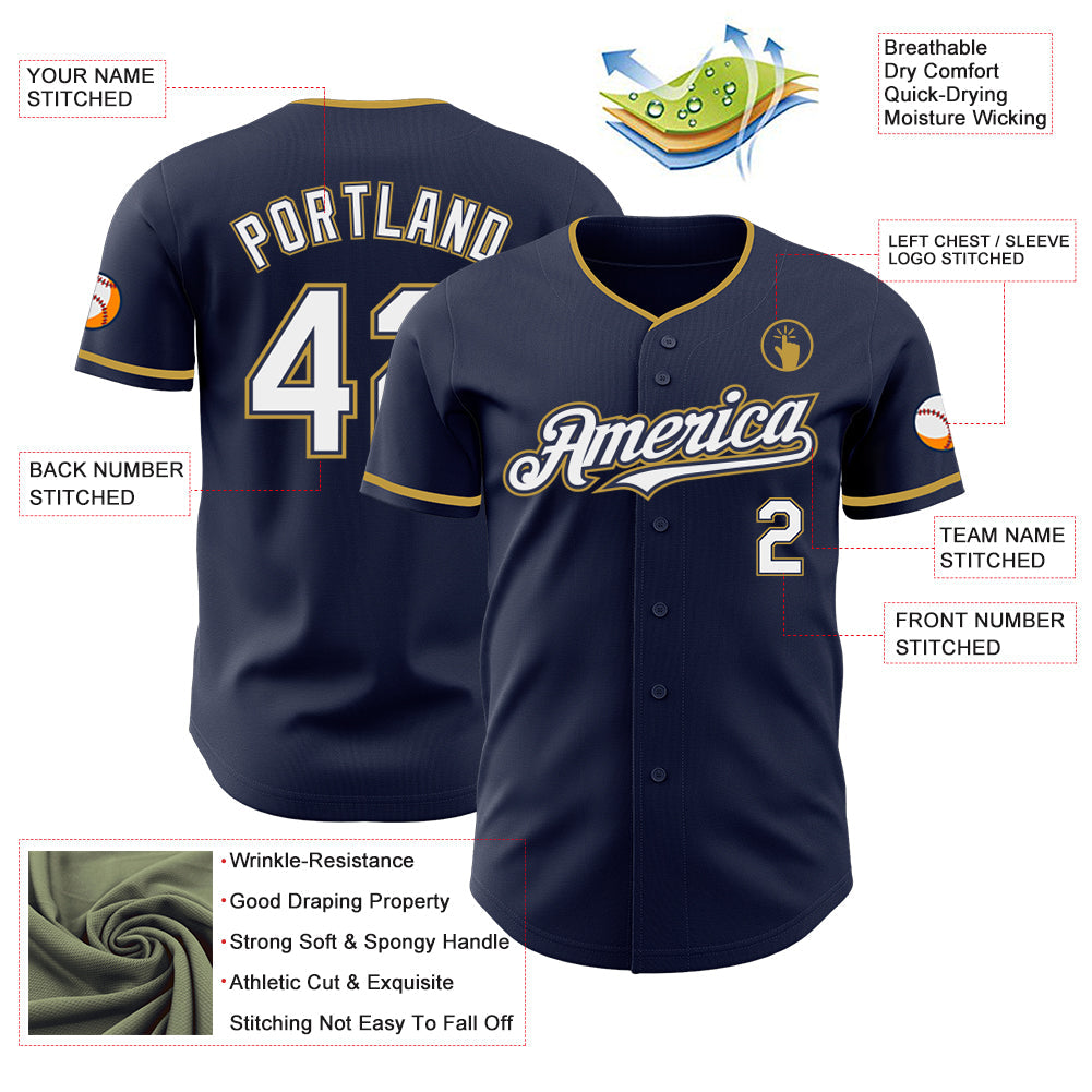 Custom Navy White Old Gold Authentic Baseball Jersey view 3