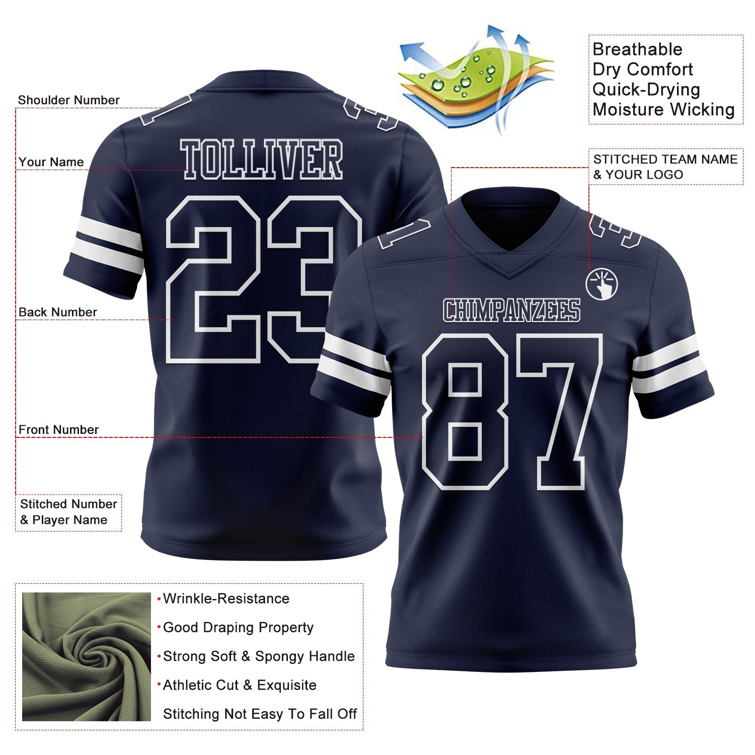 Custom Navy White Authentic Football Jersey view 3