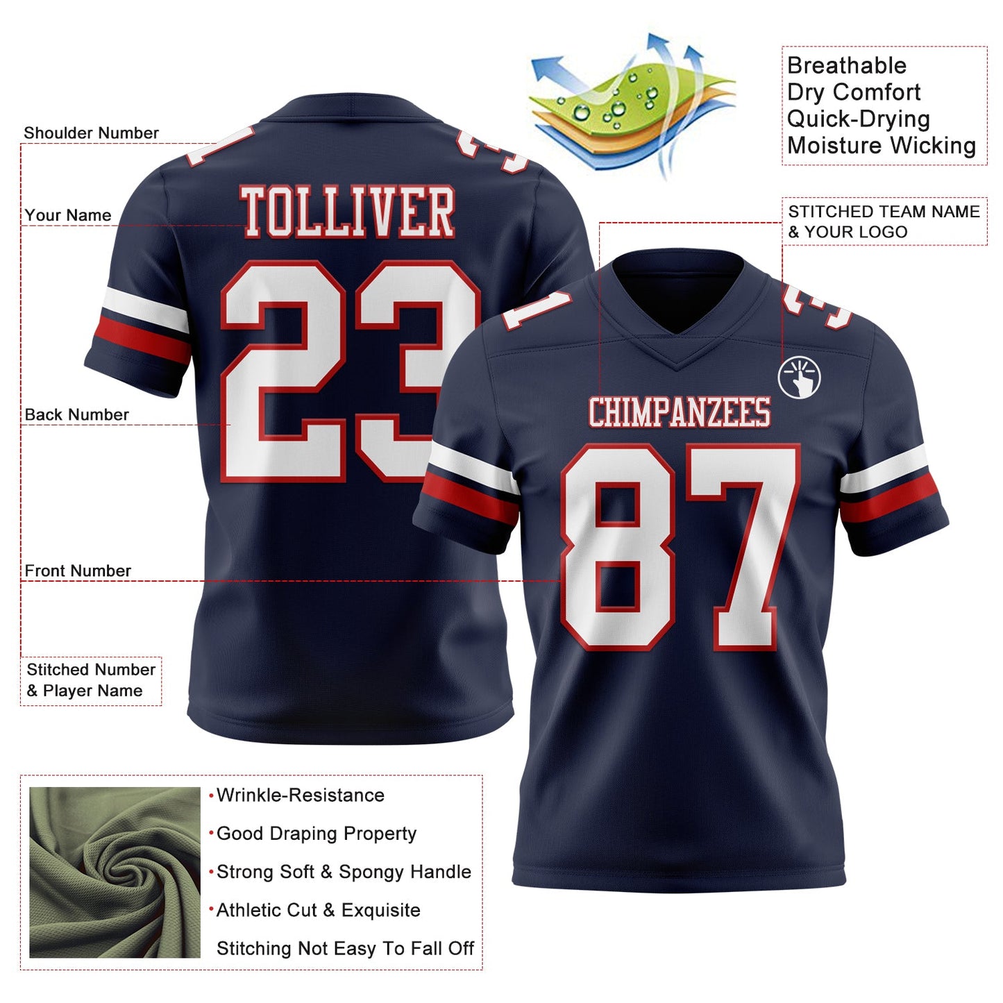 Custom Navy White-Red Authentic Football Jersey view 3