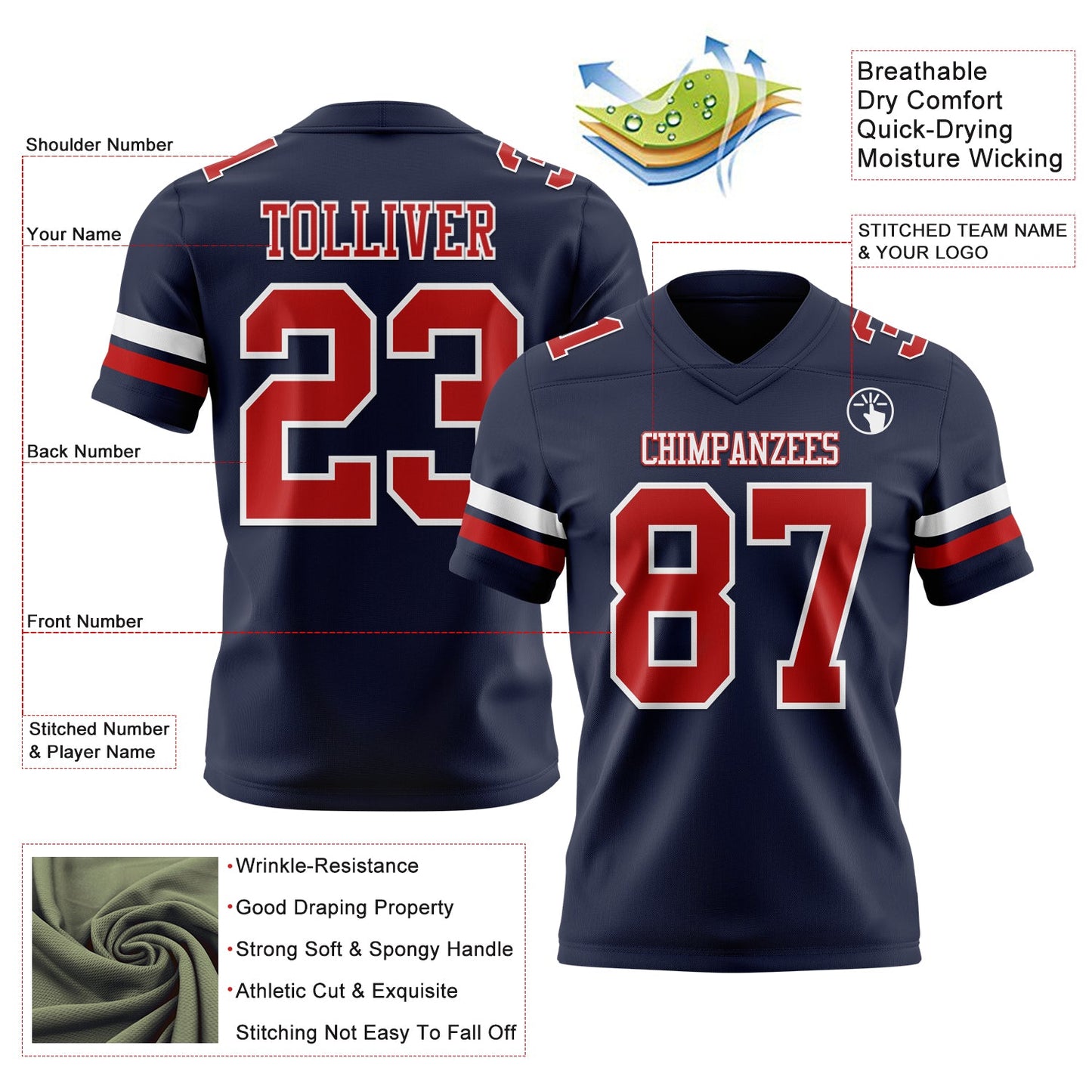 Custom Navy Red-White Authentic Football Jersey view 3