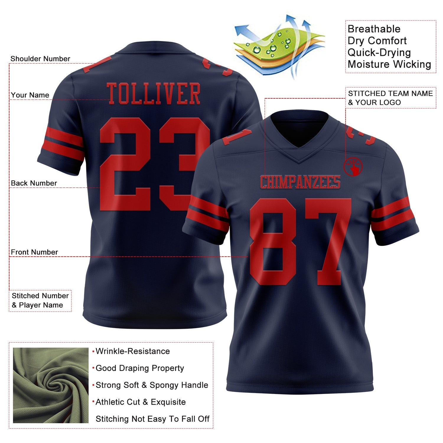 Custom Navy Red Authentic Football Jersey view 3