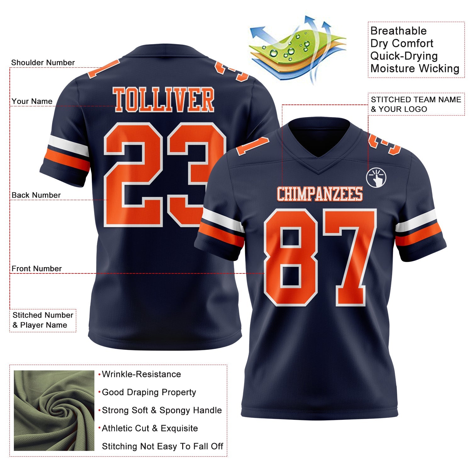 Custom Navy Orange-White Authentic Football Jersey view 3