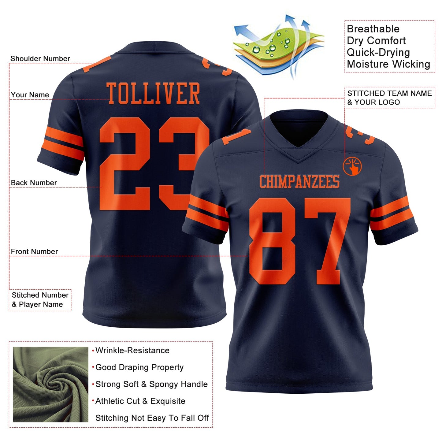 Custom Navy Orange Authentic Football Jersey view 3