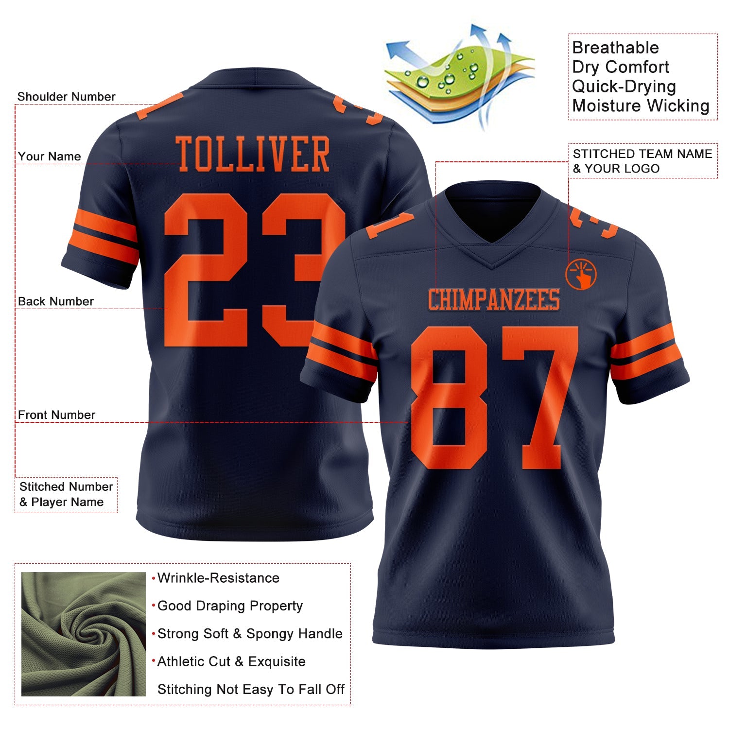Custom Navy Orange Authentic Football Jersey view 3