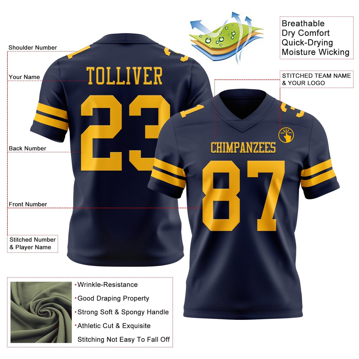Custom Navy Gold Authentic Football Jersey view 3