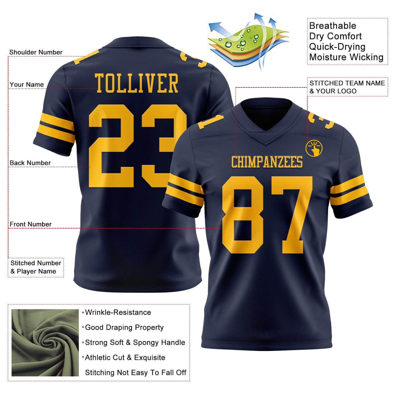 Custom Navy Gold Authentic Football Jersey view 3