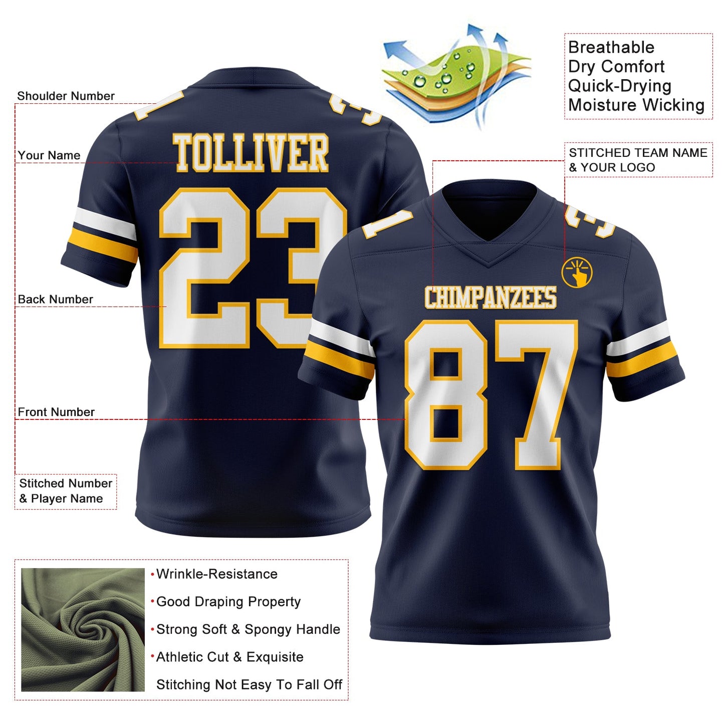 Custom Navy White-Gold Authentic Football Jersey view 3