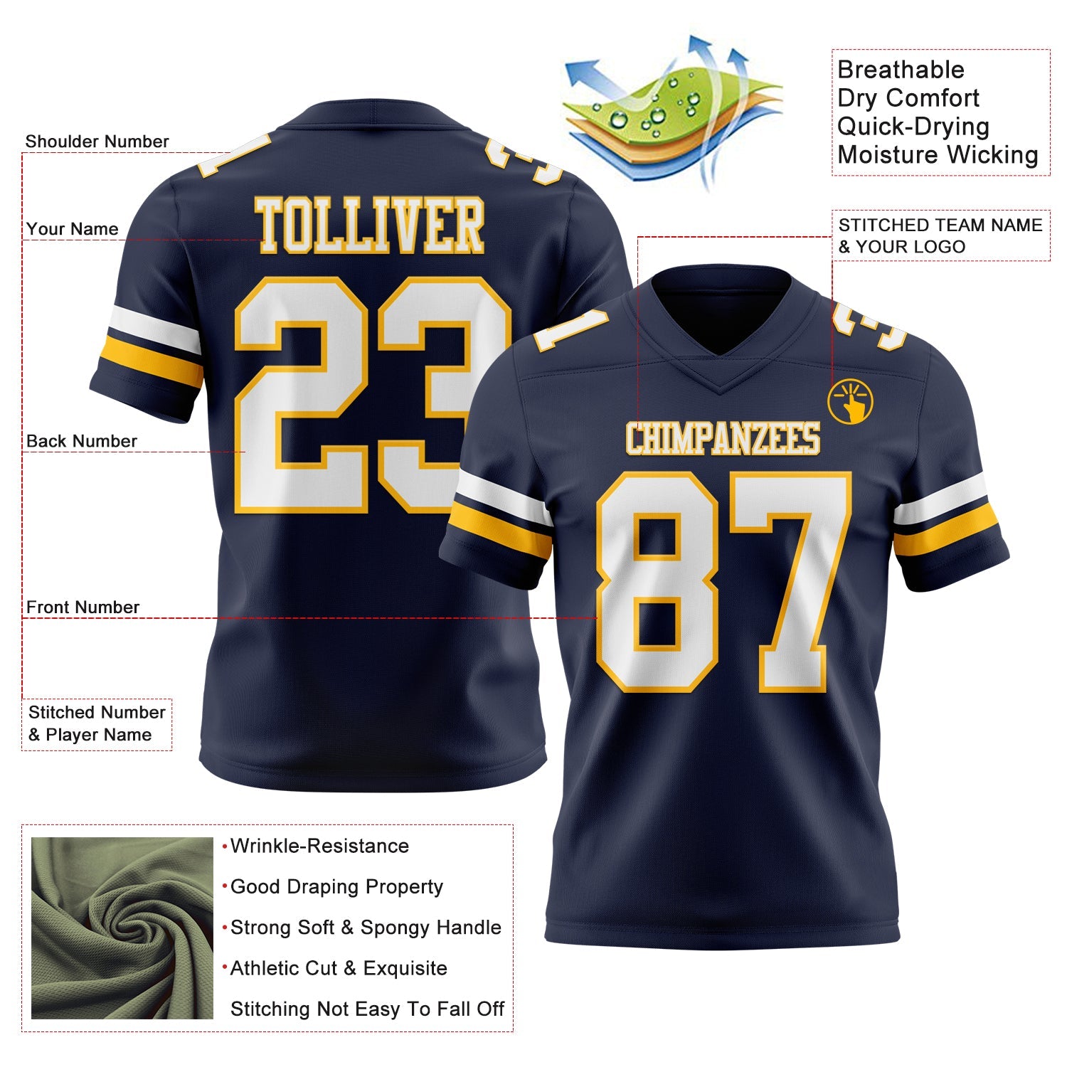 Custom Navy White-Gold Authentic Football Jersey view 3