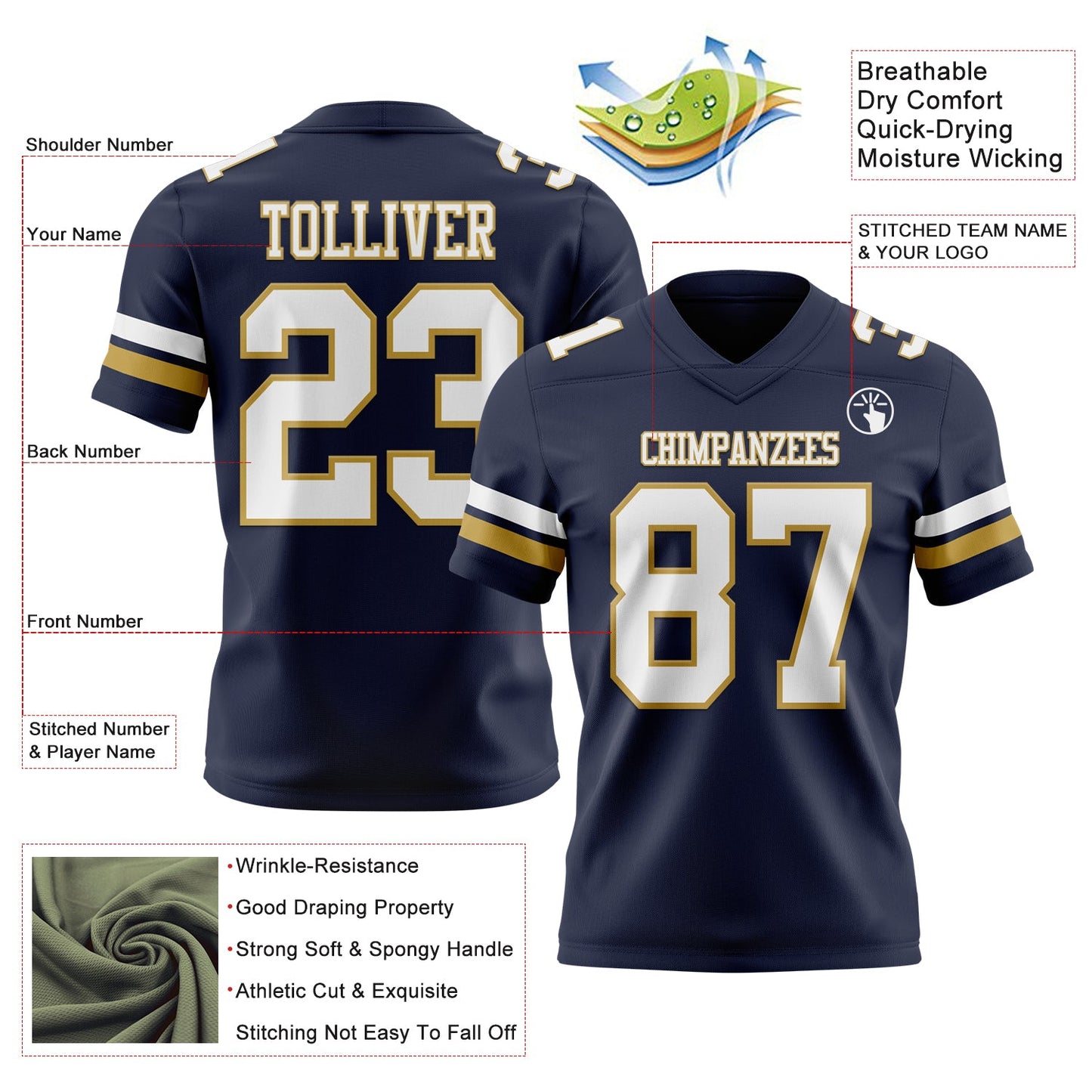 Custom Navy White-Old Gold Authentic Football Jersey view 3