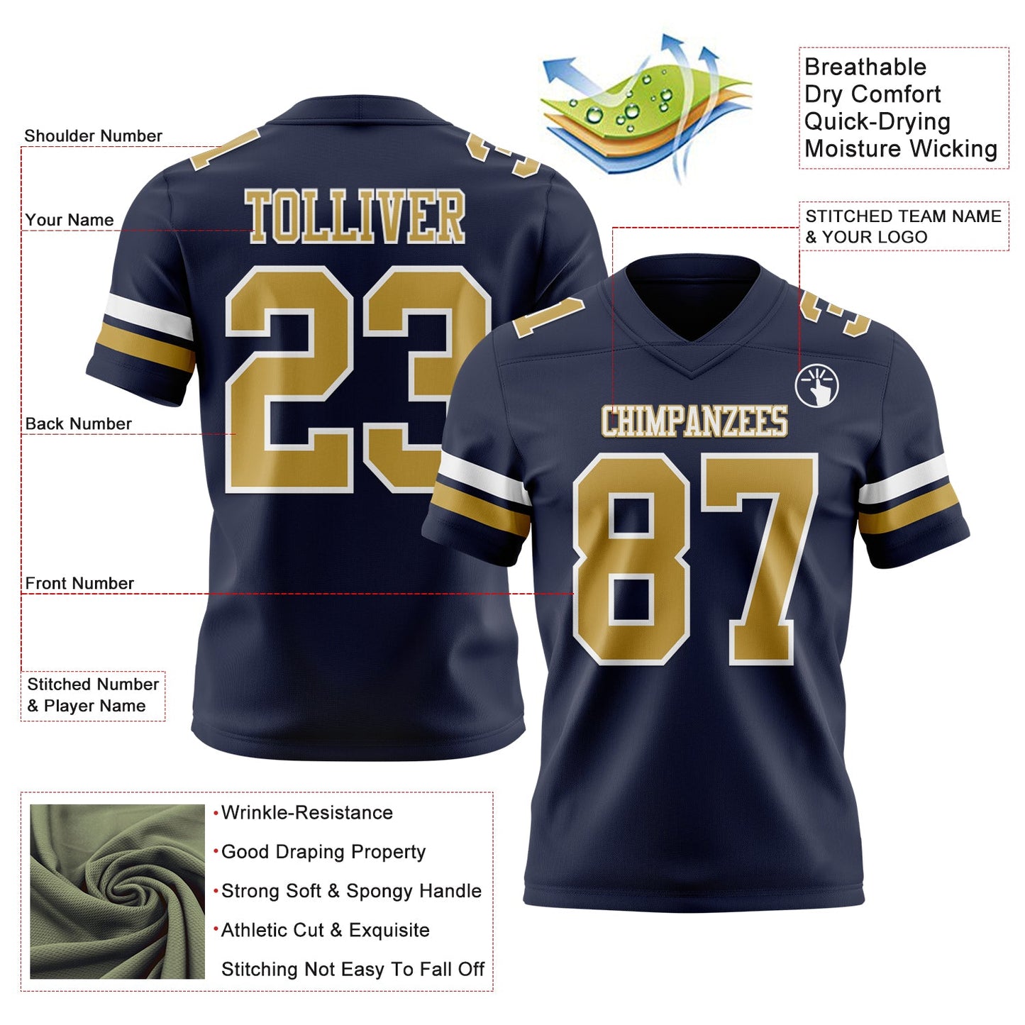 Custom Navy Old Gold-White Authentic Football Jersey view 3