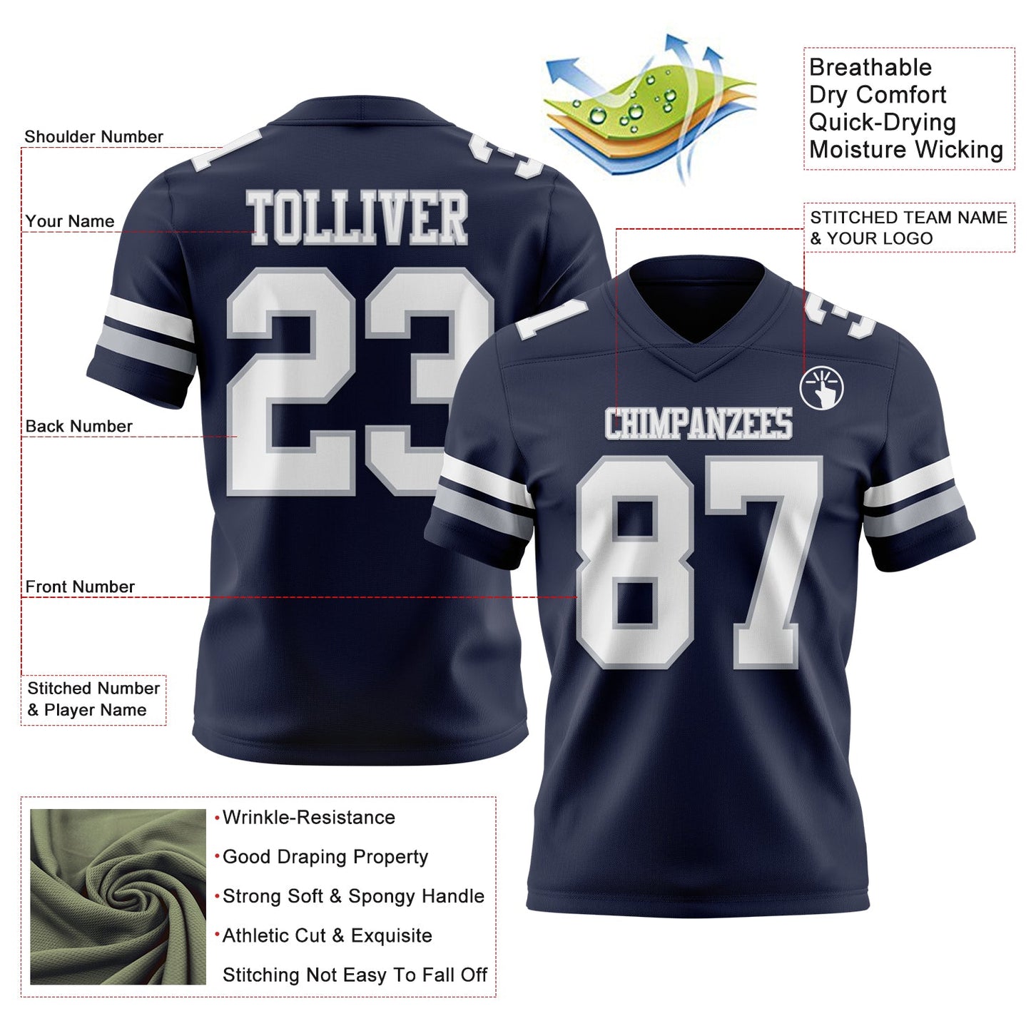 Custom Navy White-Gray Authentic Football Jersey view 3