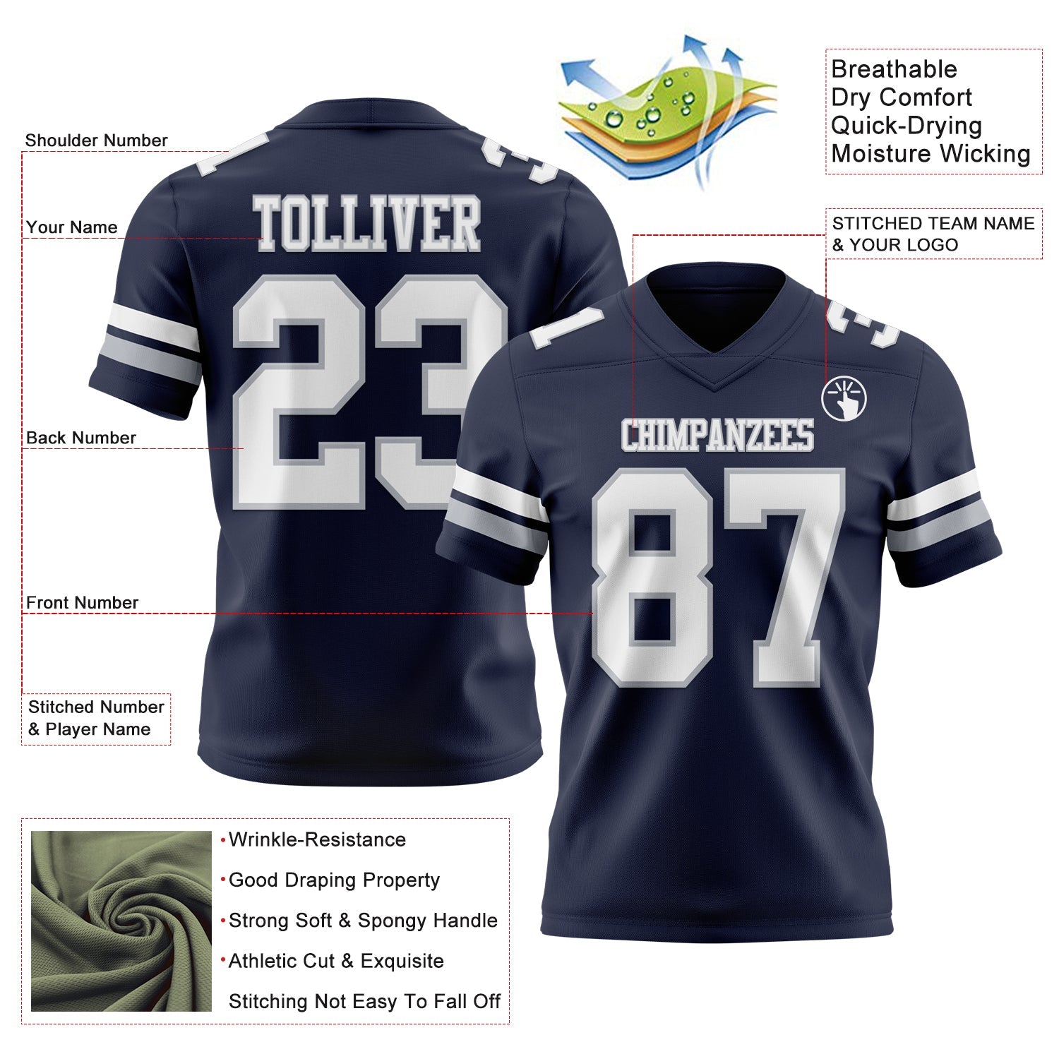 Custom Navy White-Gray Authentic Football Jersey view 3