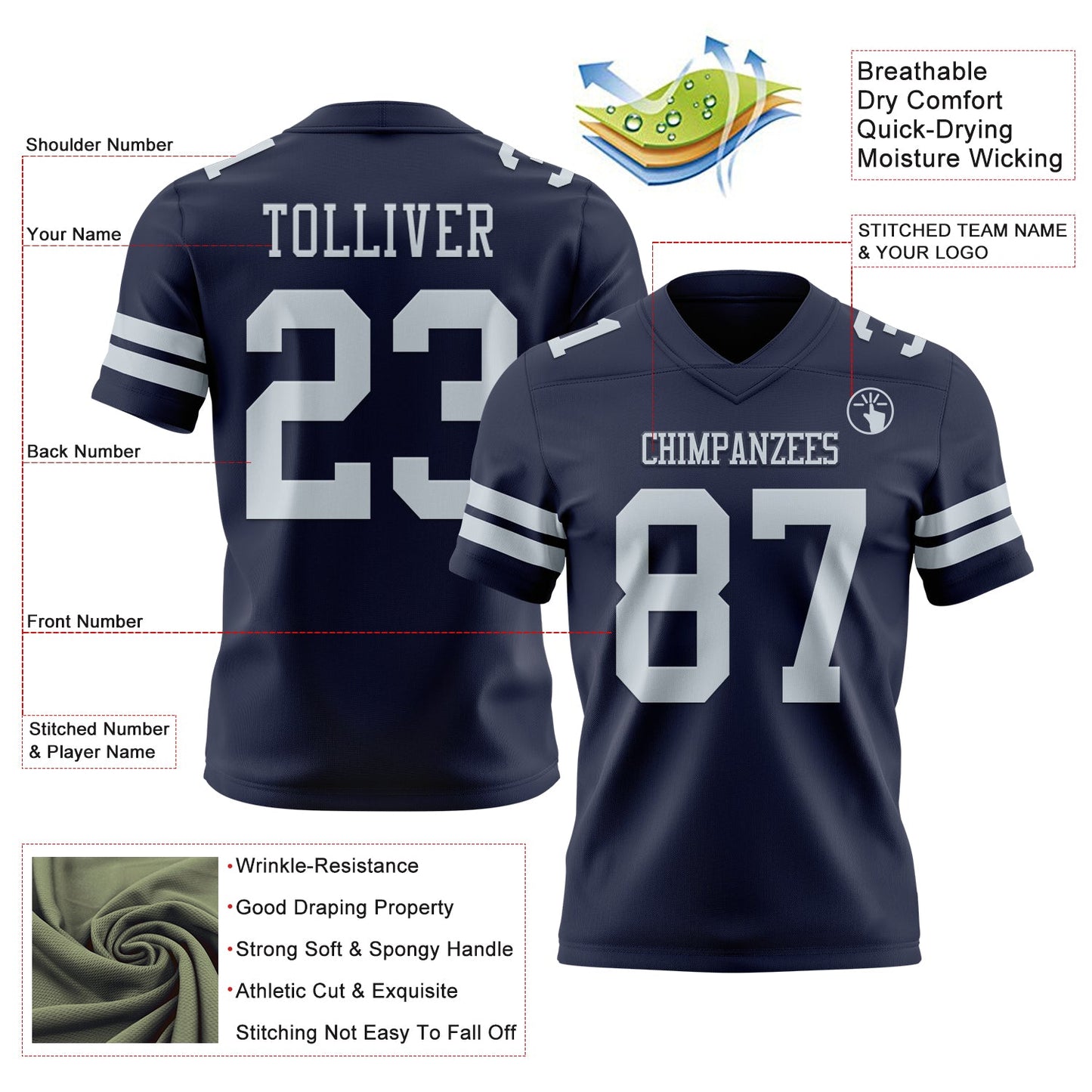 Custom Navy Silver Authentic Football Jersey view 3