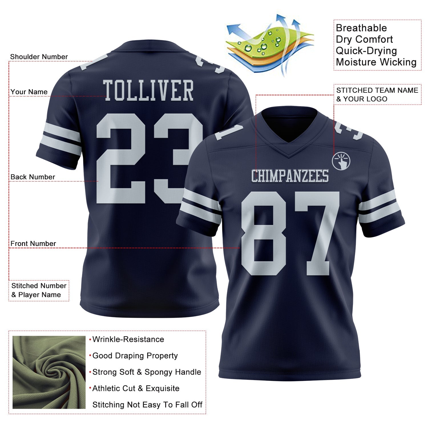 Custom Navy Silver Authentic Football Jersey view 3