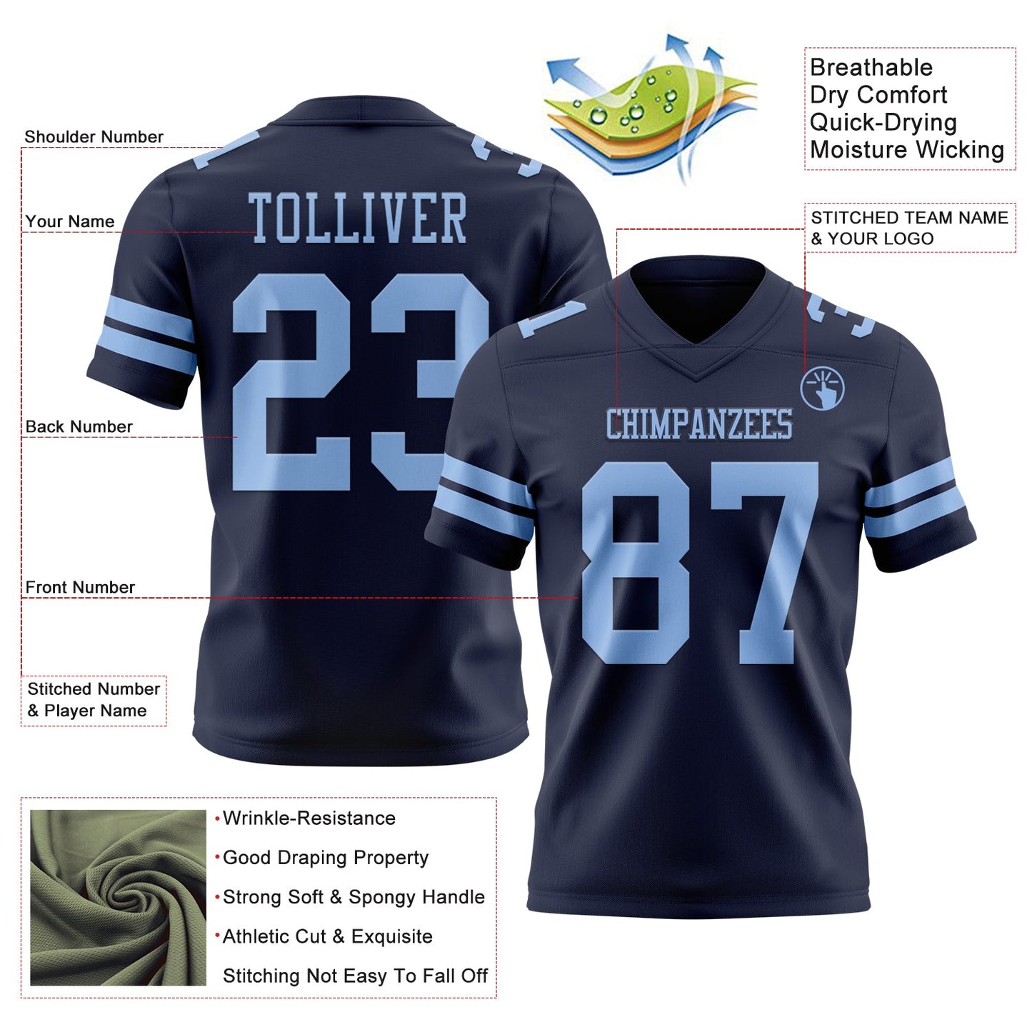 Custom Navy Light Blue Authentic Football Jersey view 3