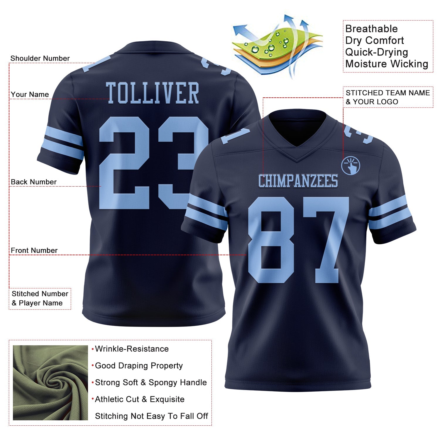 Custom Navy Light Blue Authentic Football Jersey view 3