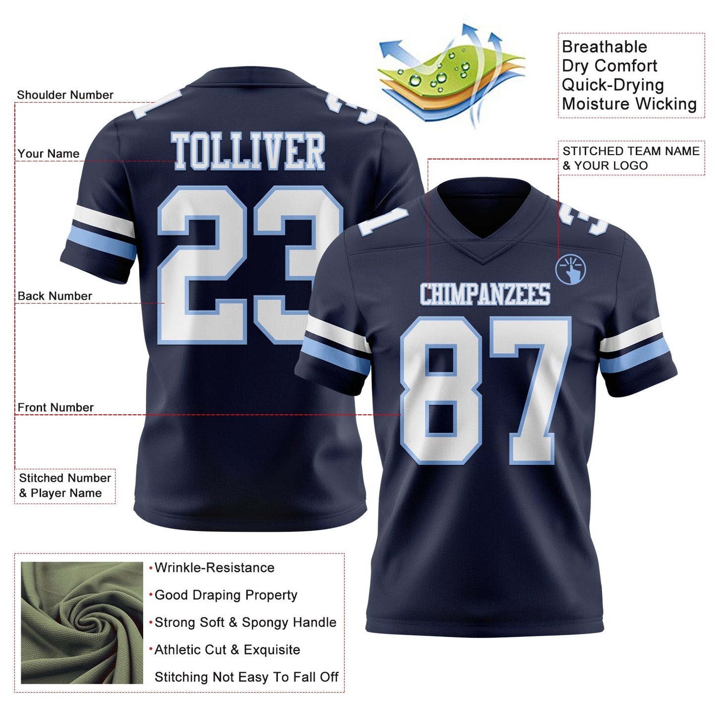 Custom Navy White-Light Blue Authentic Football Jersey view 3
