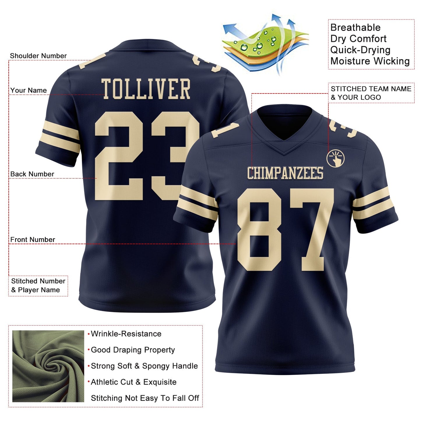 Custom Navy Cream Authentic Football Jersey view 3