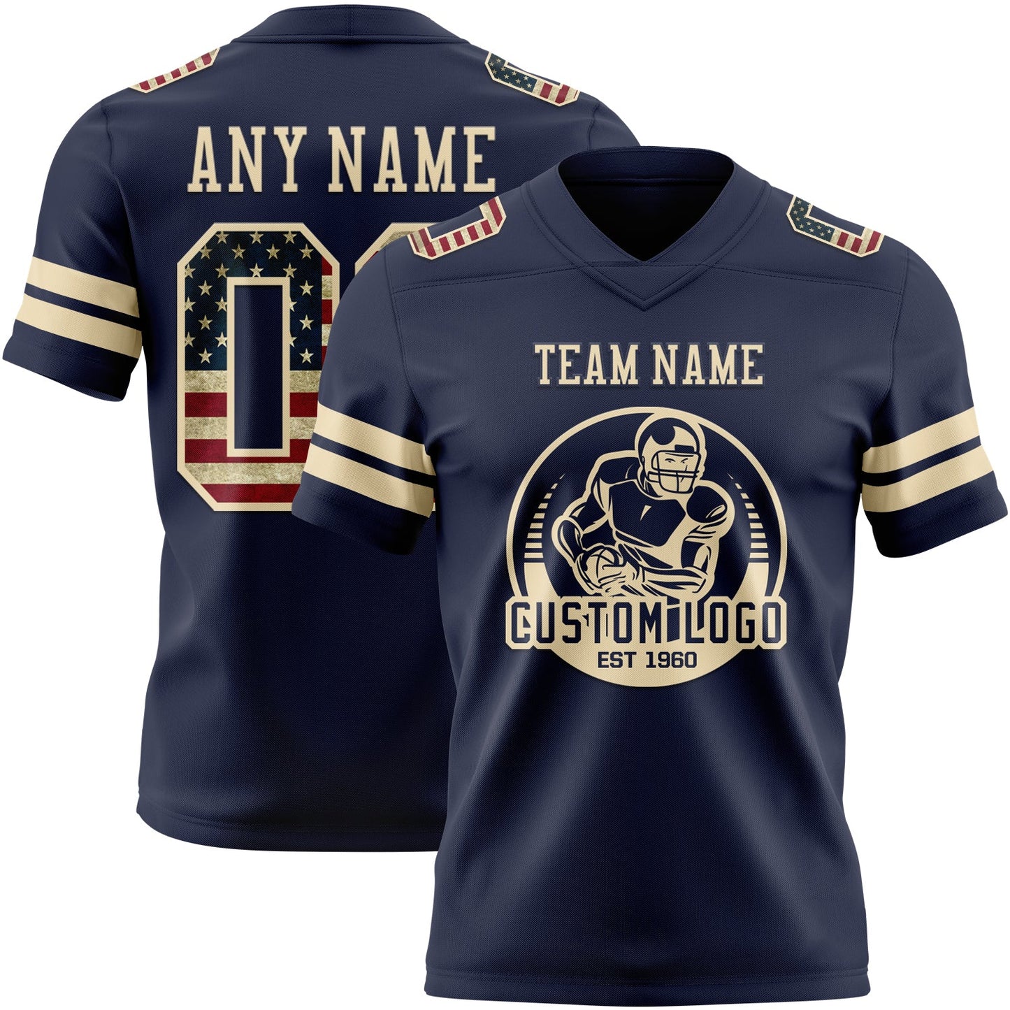 Custom Navy Vintage USA Flag-Cream Authentic Football Jersey view 2