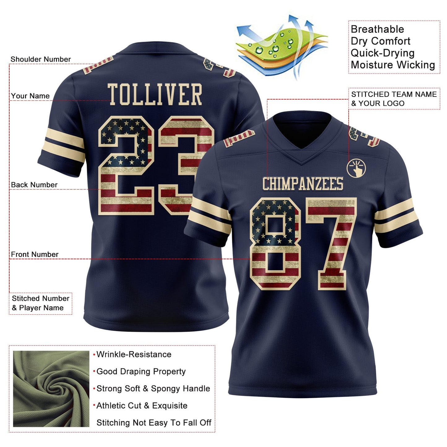 Custom Navy Vintage USA Flag-Cream Authentic Football Jersey view 3