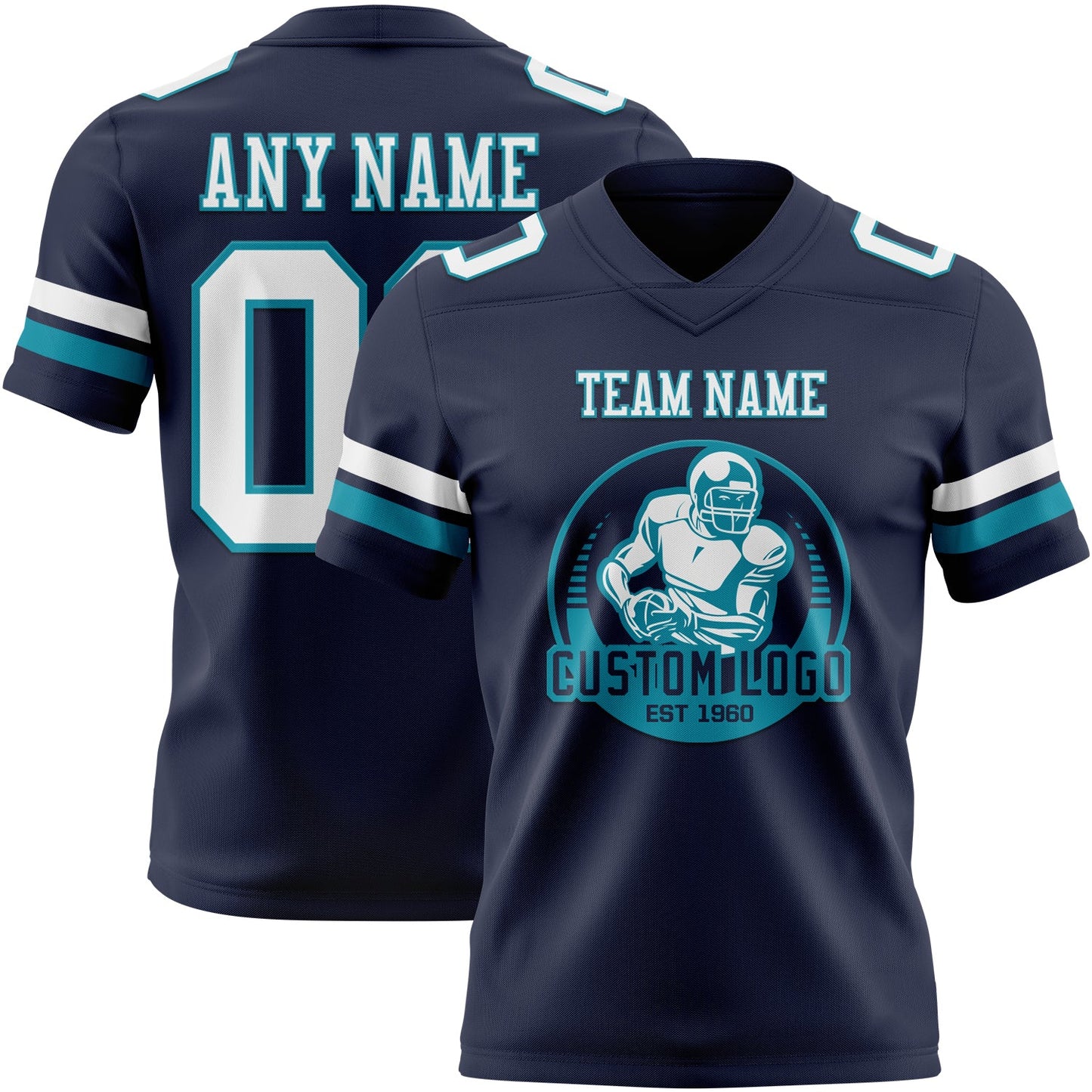 Custom Navy White-Teal Authentic Football Jersey view 2