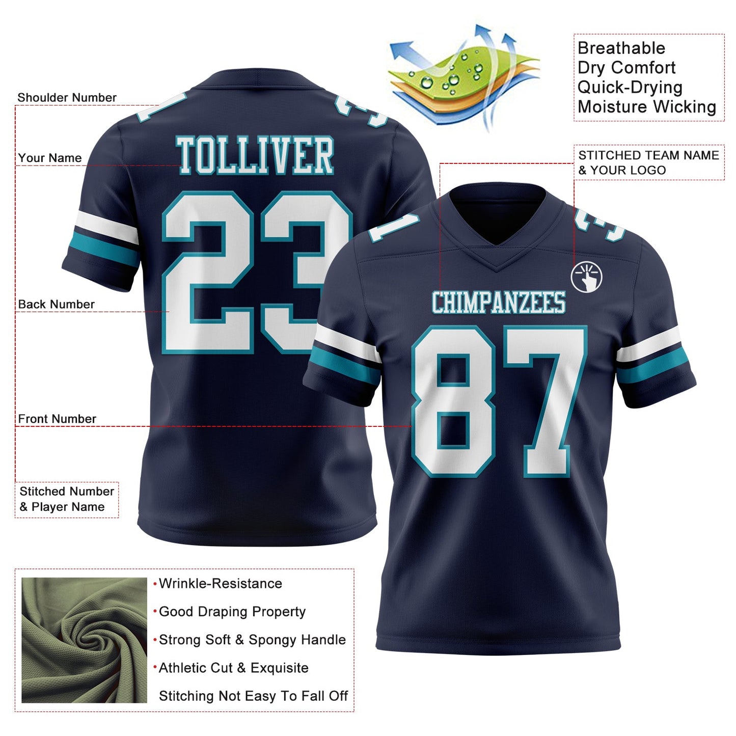 Custom Navy White-Teal Authentic Football Jersey view 3
