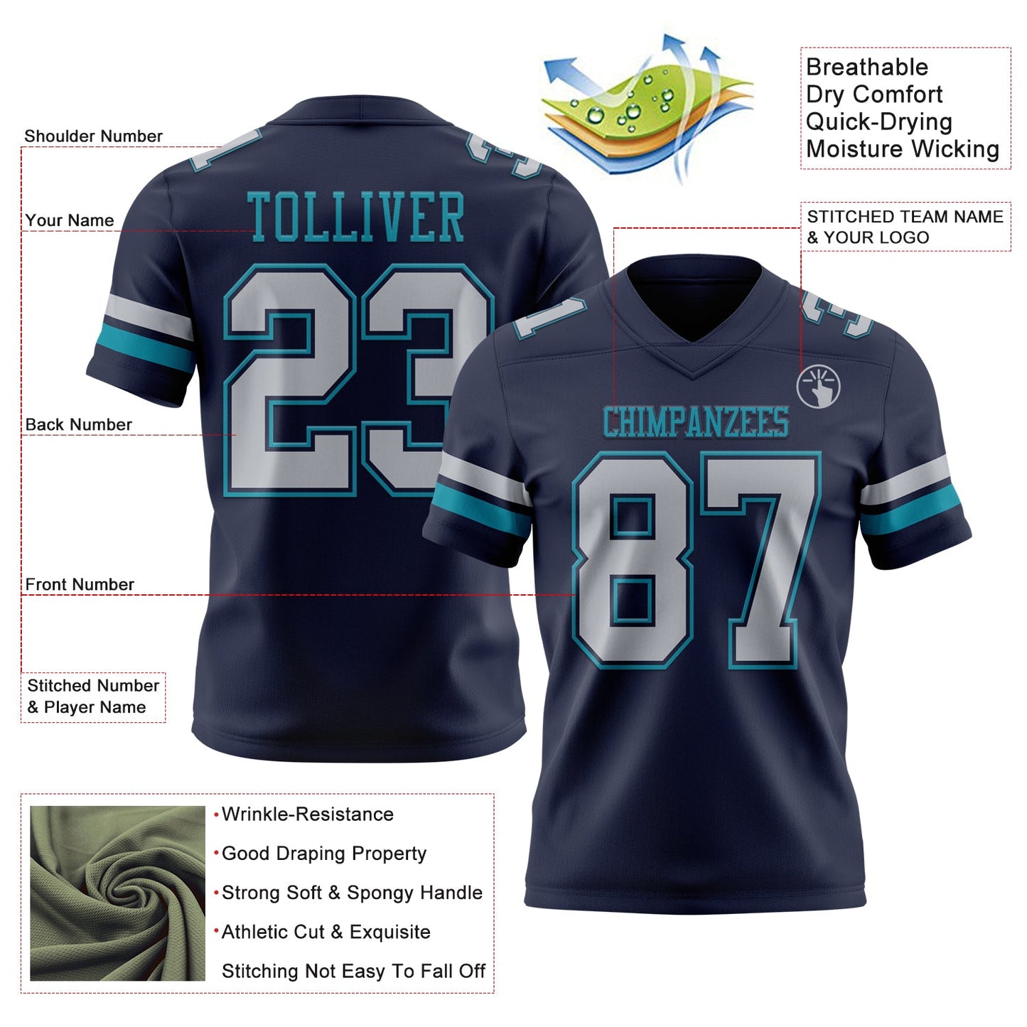 Custom Navy Gray-Teal Authentic Football Jersey view 3
