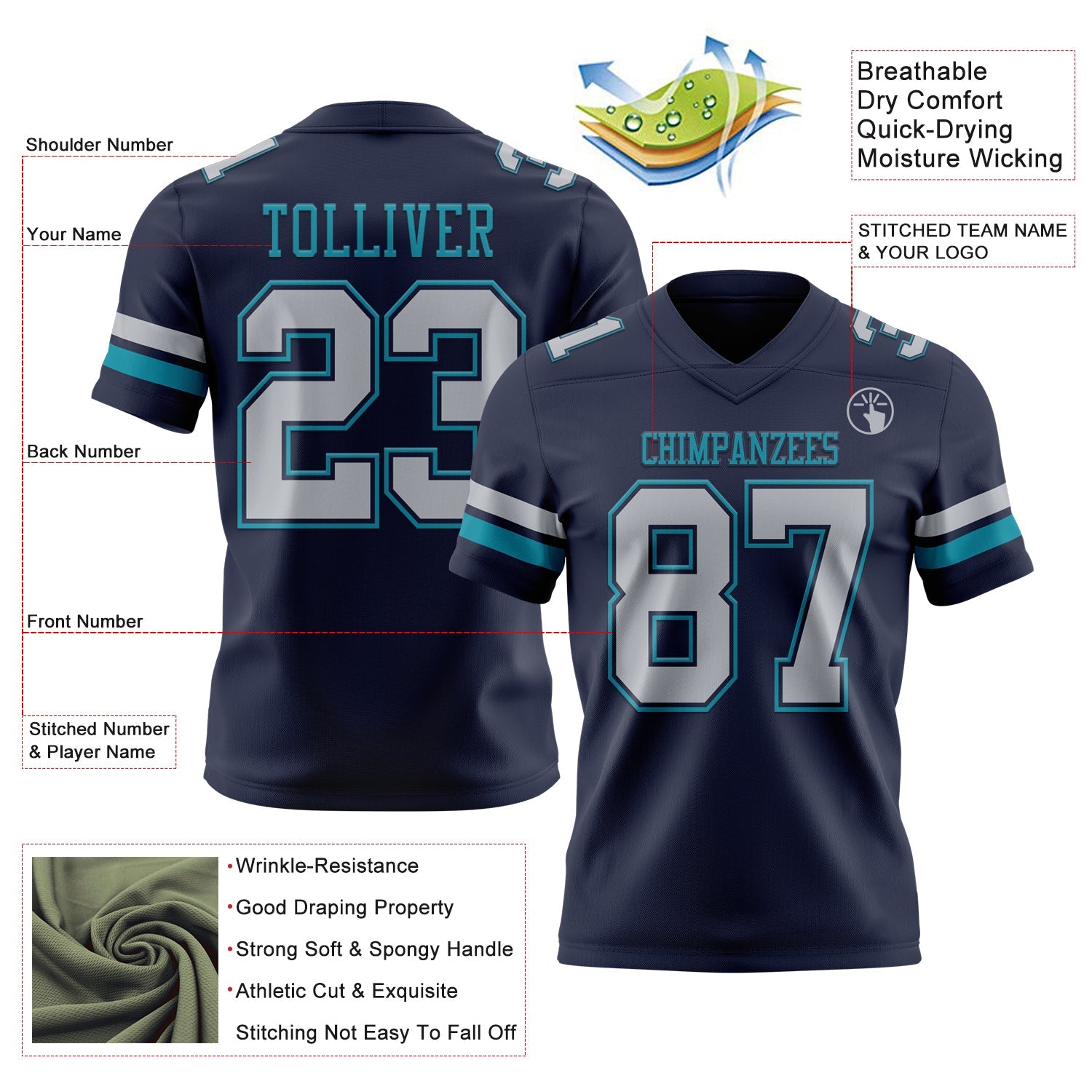 Custom Navy Gray-Teal Authentic Football Jersey view 3