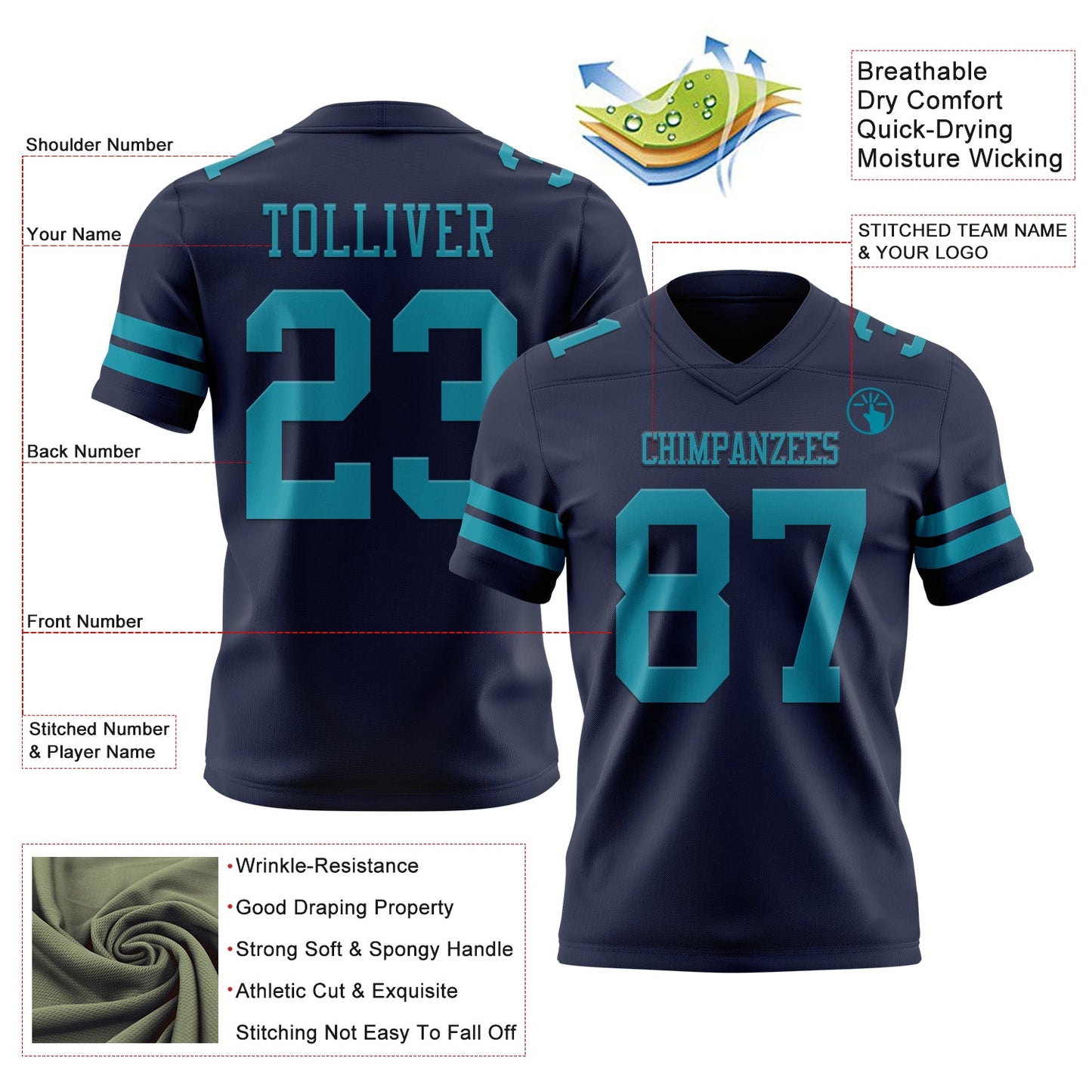 Custom Navy Teal Authentic Football Jersey view 3