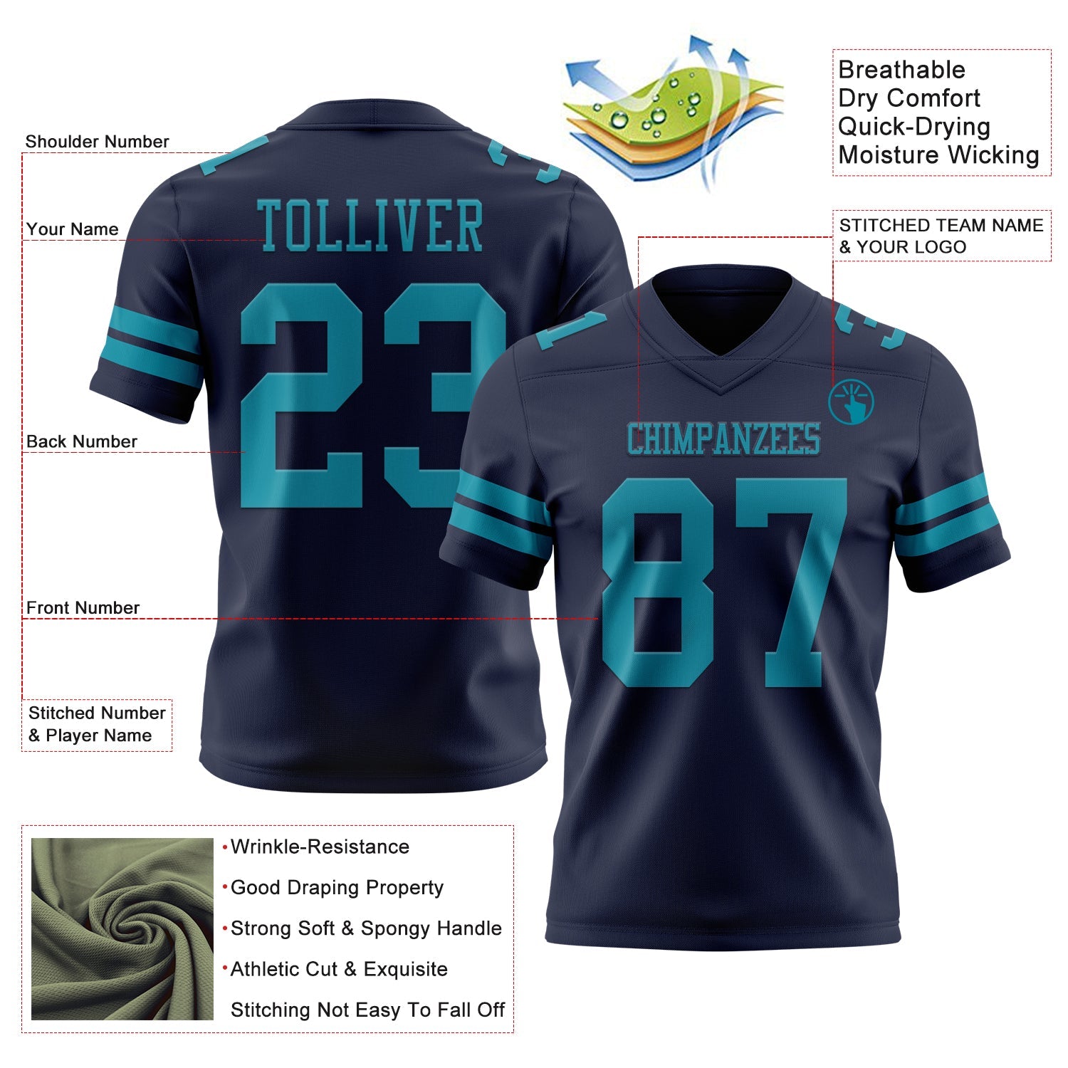 Custom Navy Teal Authentic Football Jersey view 3