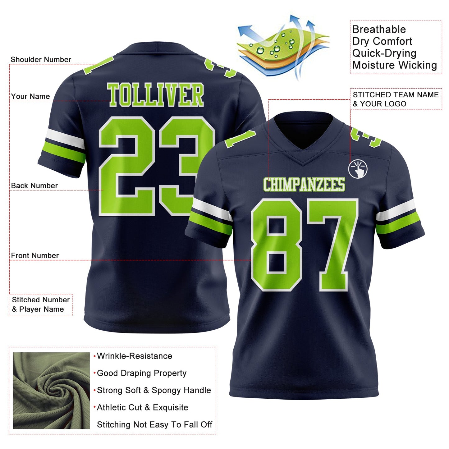 Custom Navy Neon Green-White Authentic Football Jersey view 3