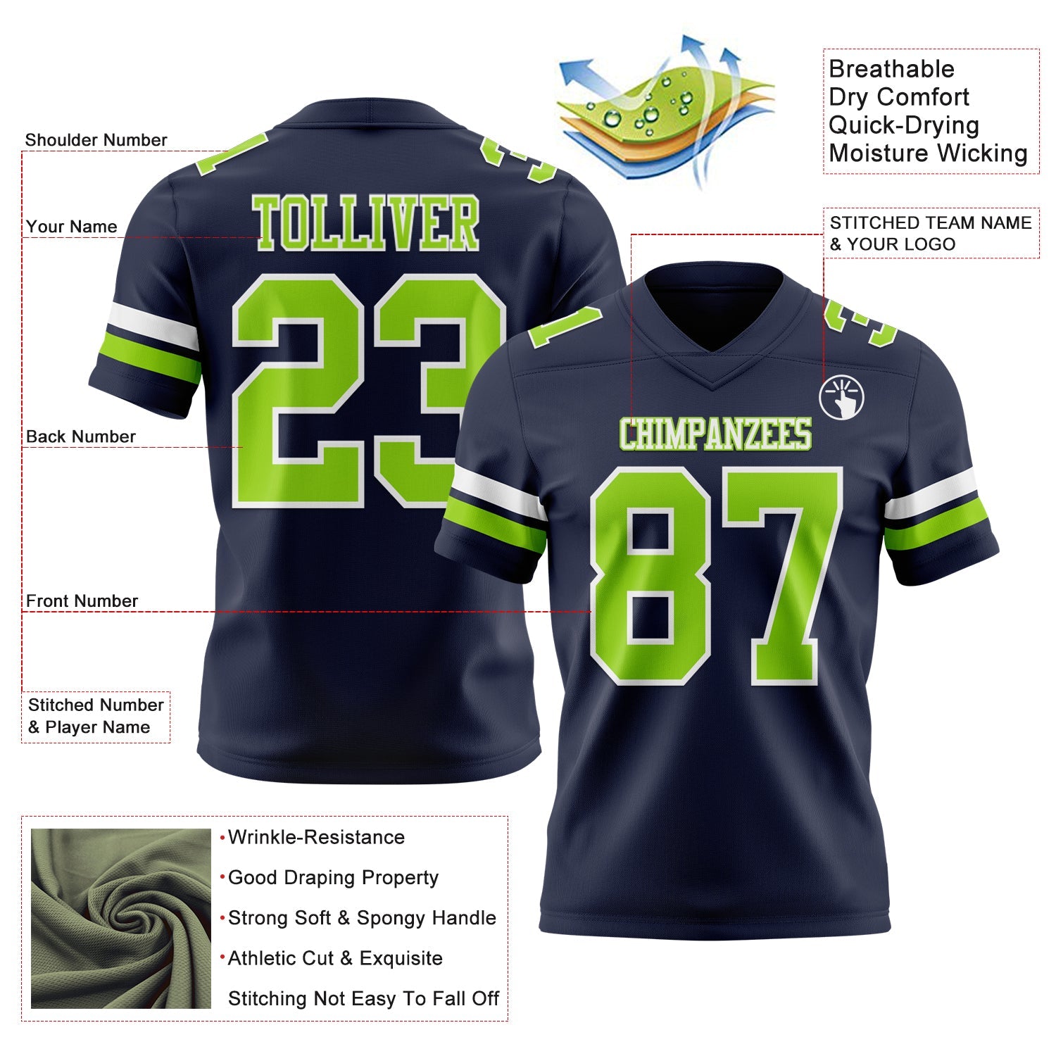 Custom Navy Neon Green-White Authentic Football Jersey view 3